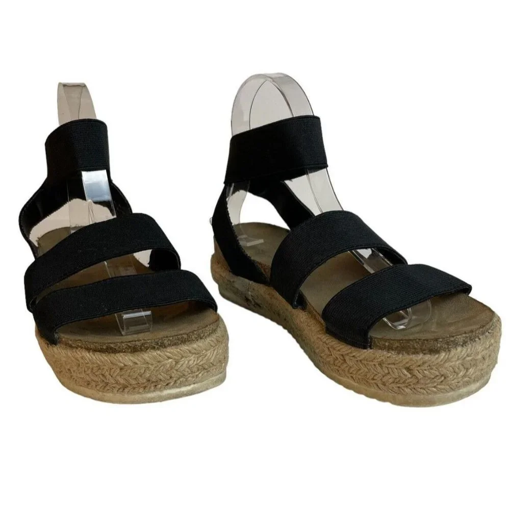 Cushionaire Mandy Flatform Sandals Size 7.5M Cork Footbed Espadrille Black Strap - Picture 3 of 11